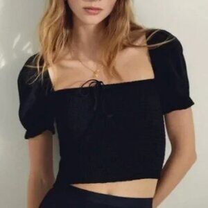 Wilfred aritzia new smocked peasant cropped top BLACK small boho